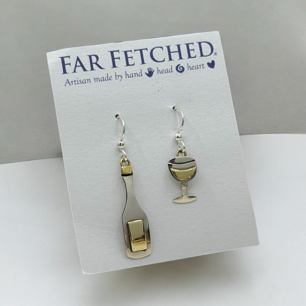 Far Fetched Wine Glass Bottle Dangle Earrings Mismatched Design Artisan Silver